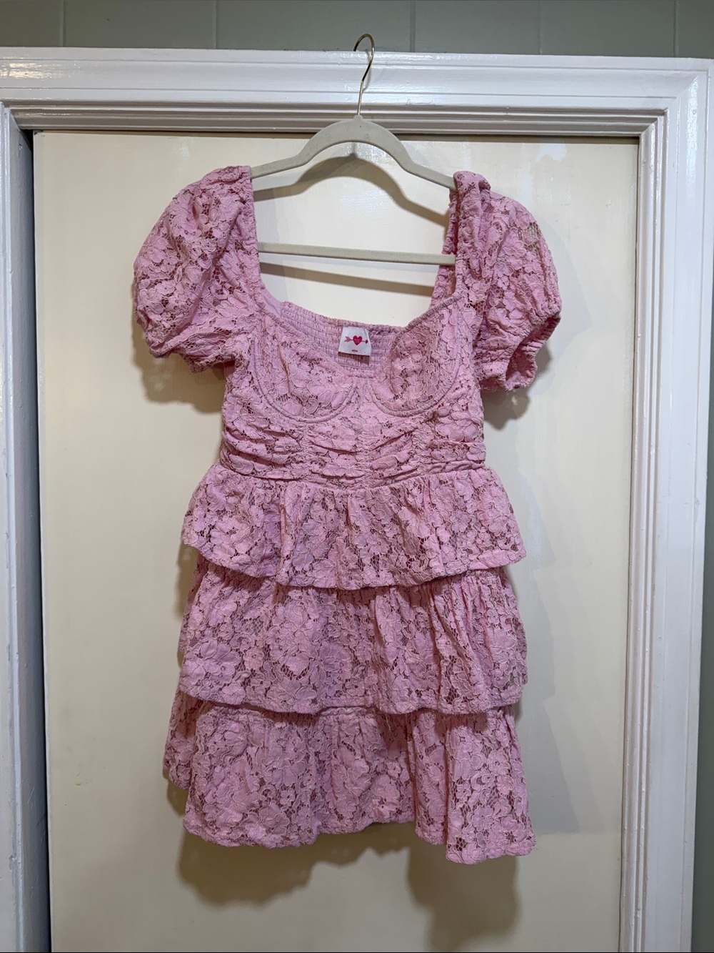 Buddy Love Pink Lace Tiered Dress with Puff Sleeves